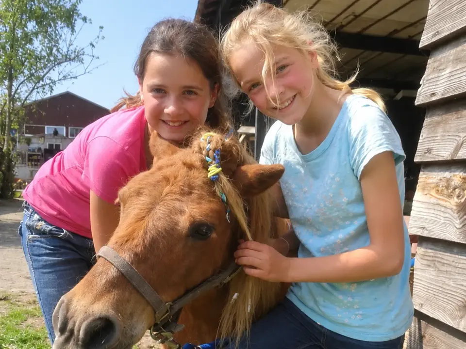 Twee meisjes knuffelen een pony