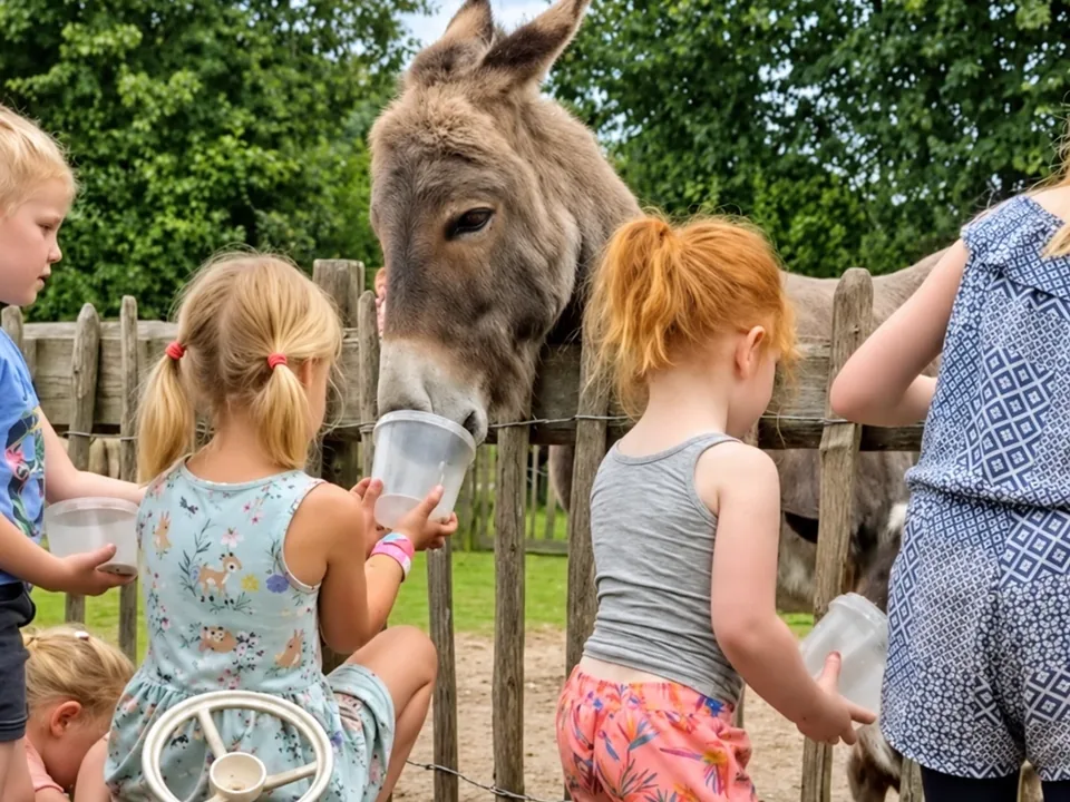 Kinderen voeren de ezel bij het hek