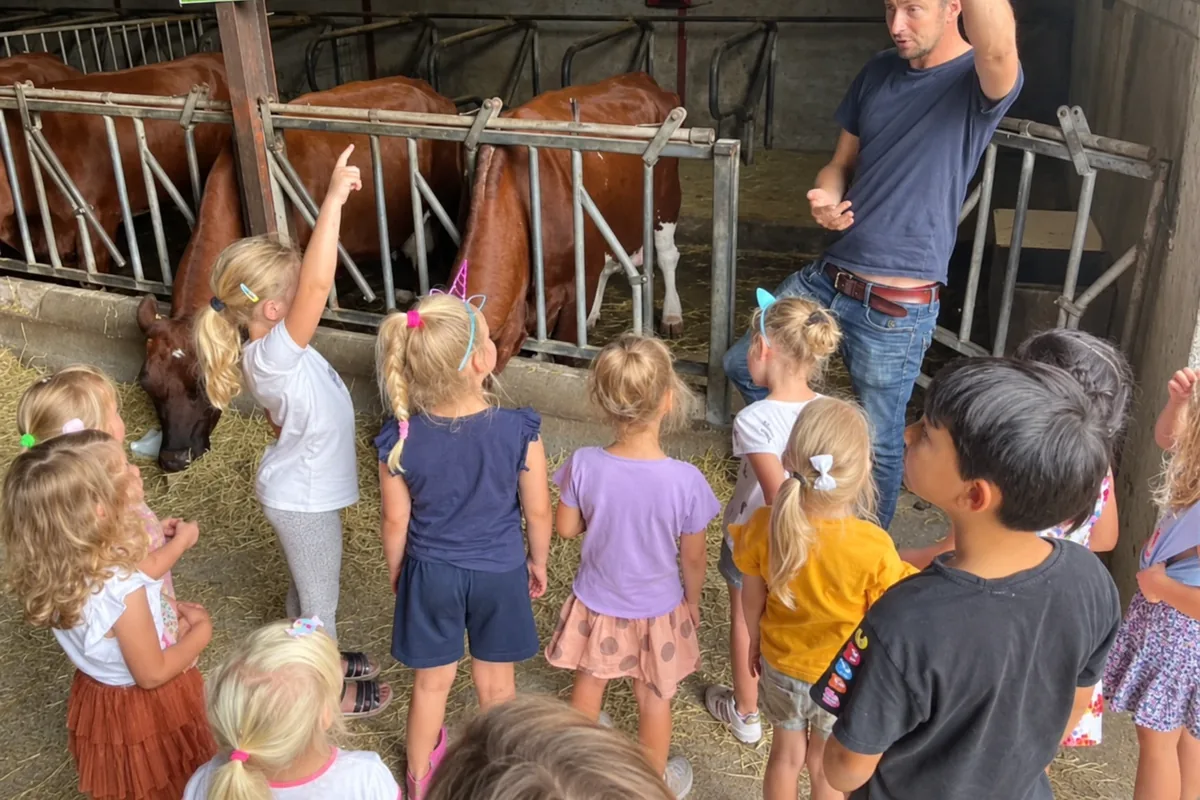 Kinderen helpen de boer bij het voeren in de stal