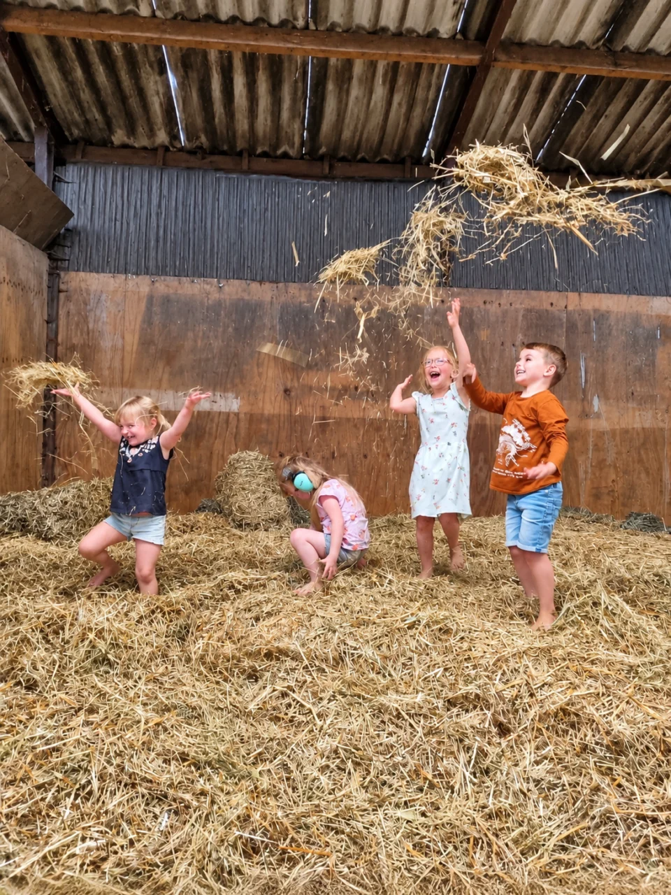 Vier kinderen gooien met hooi in de stal