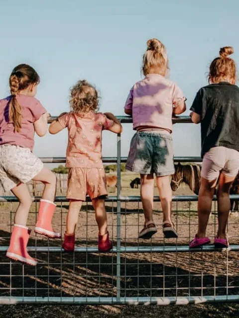 Vier kinderen op het hek kijken naar de pony's