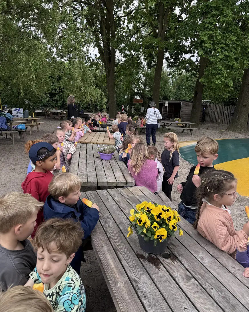Een schoolgroep eet raketijsjes aan de lange tafels onder de bomen