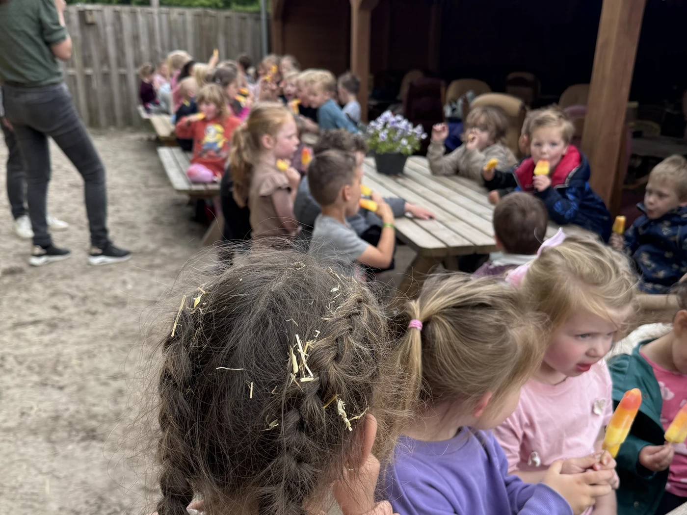Een schoolgroep eet ijsjes aan de lange tafels; vooraan een meisje met hooi in haar vlechten.