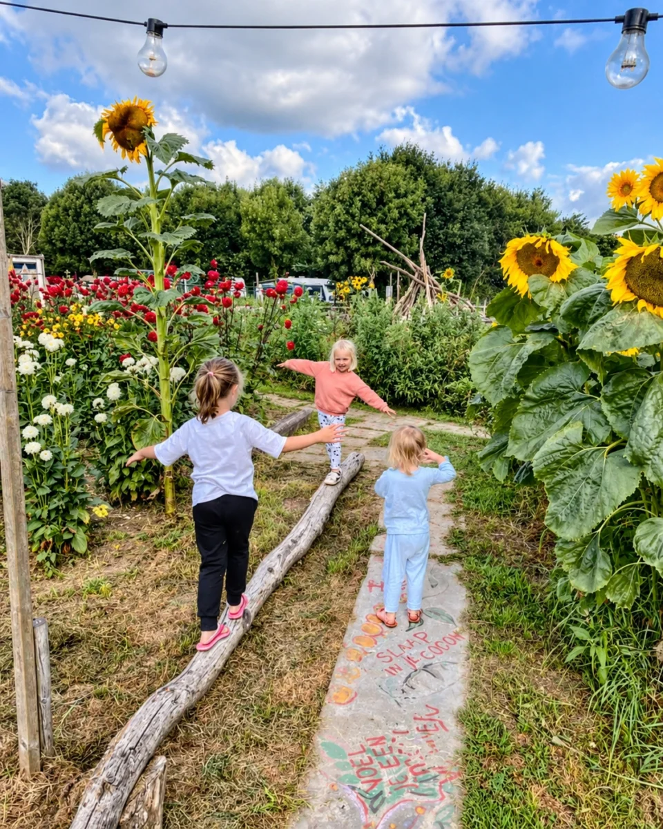 drie kindjes in een bloementuin